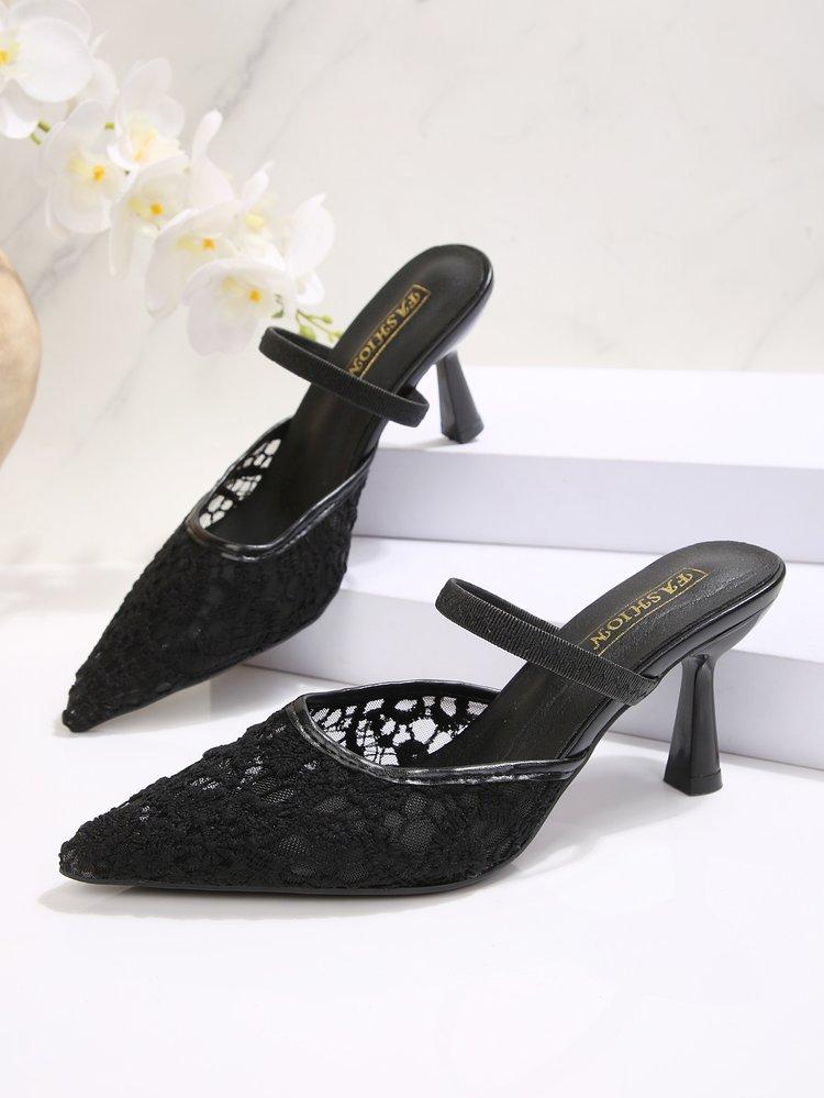 Women's Summer French Lace Pointed Toe Sandals Block Heel Ankle Strap Slingbacks Sexy Outdoor Slides
