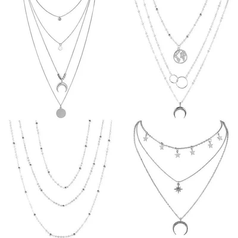 4-6Pcs Multiple Layered Choker Necklace With Moon Star Coin Multi Layered Y Pendant Necklaces Set For Women (4PCS Multiple Silver Necklace)