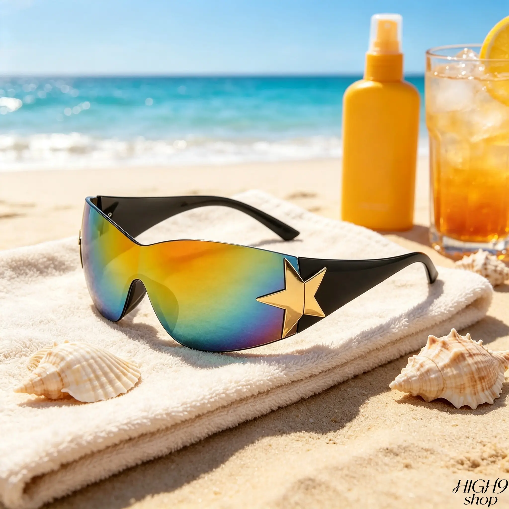 Y2K Rimless Star Decor Wrap Around Sunglasses, One-Piece Shield Punk Shades, UV Protection Non-Polarized Polycarbonate Lens, Edgy Street Fashion Eyewear For Men & Women