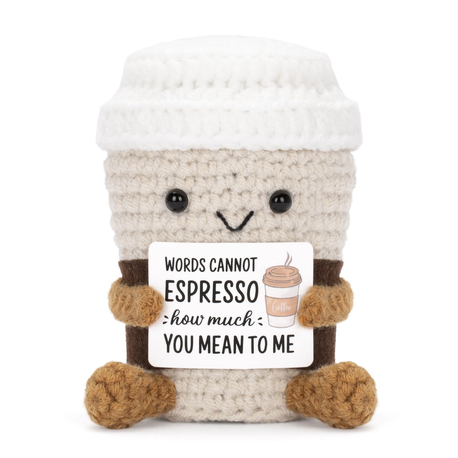 Knitted Yarn Handmade Look Soft Plush Coffee Cup Toy - Portable Pocket Pal, Keyring, Desk Buddy, Unisex Gift for Birthday Gifting