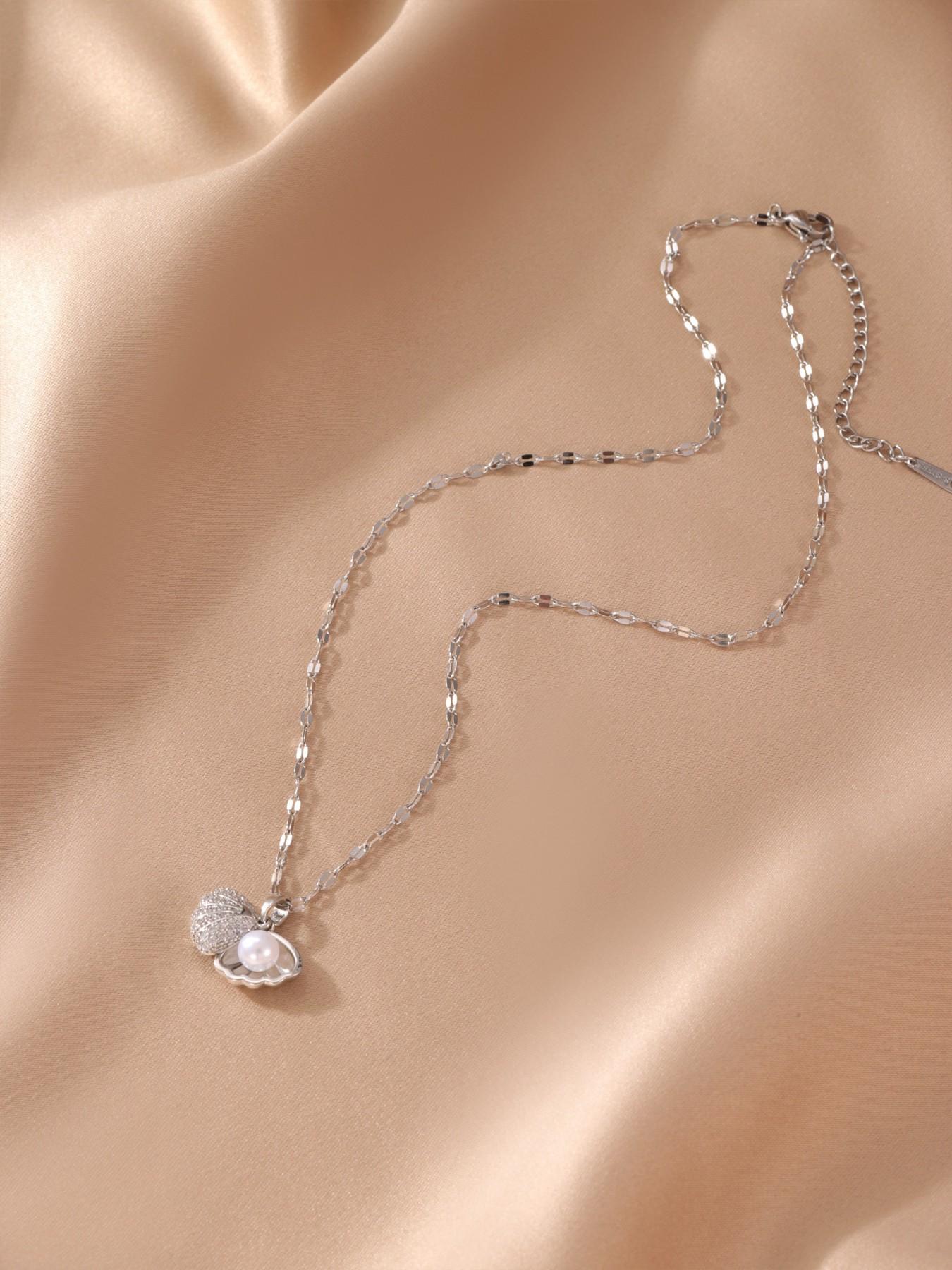 Elegant Ocean Style CZ Starfish Scallop Mermaid Tail Silver Necklace Lightweight All Season For Women Daily Wear