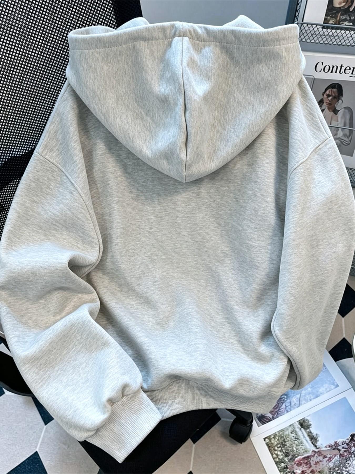 Women Solid Color Long-Sleeve Zip Up Hoodie, Oversized Loose Fit Drawstring Hooded Sweatshirt With Front Pocket, Casual Daily Streetwear, Basic Full Zip Hoodie, Casual Hooded Sweatshirts, Drawstring Hoodies