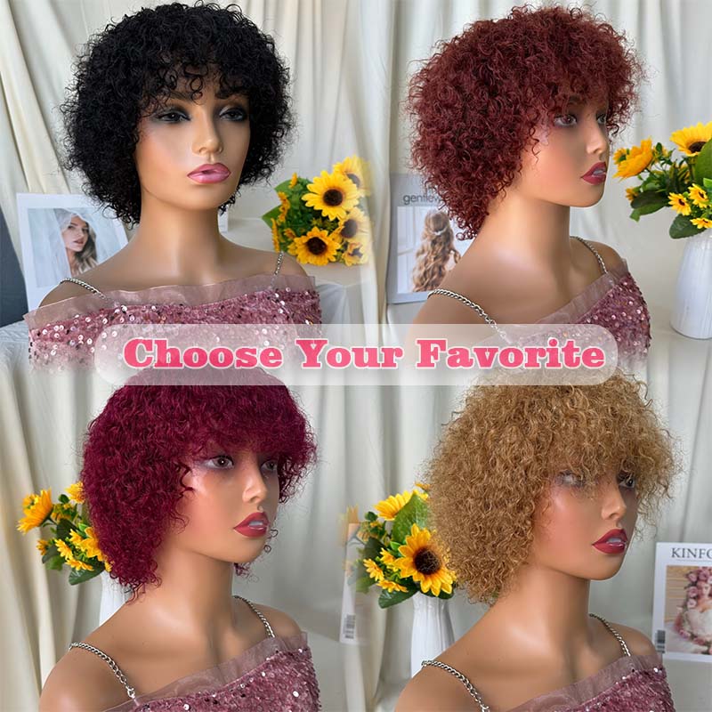 Glueless Wigs Short Curly Bob Wig with Bangs Wear To Go Short Curly Human Hair Wig for Women 180 Density Brazilian Virgin Human Hair Glueless No Lace Machine Made Wigs