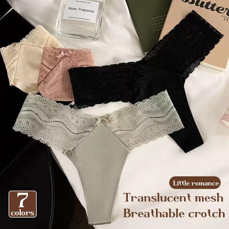 Ladies Lace Thong - 7 Pack Low Rise Thong - Lace Panties Pure Cotton Ladies Lingerie Sexy No Show Soft Invisible Seamless Bikini Panties