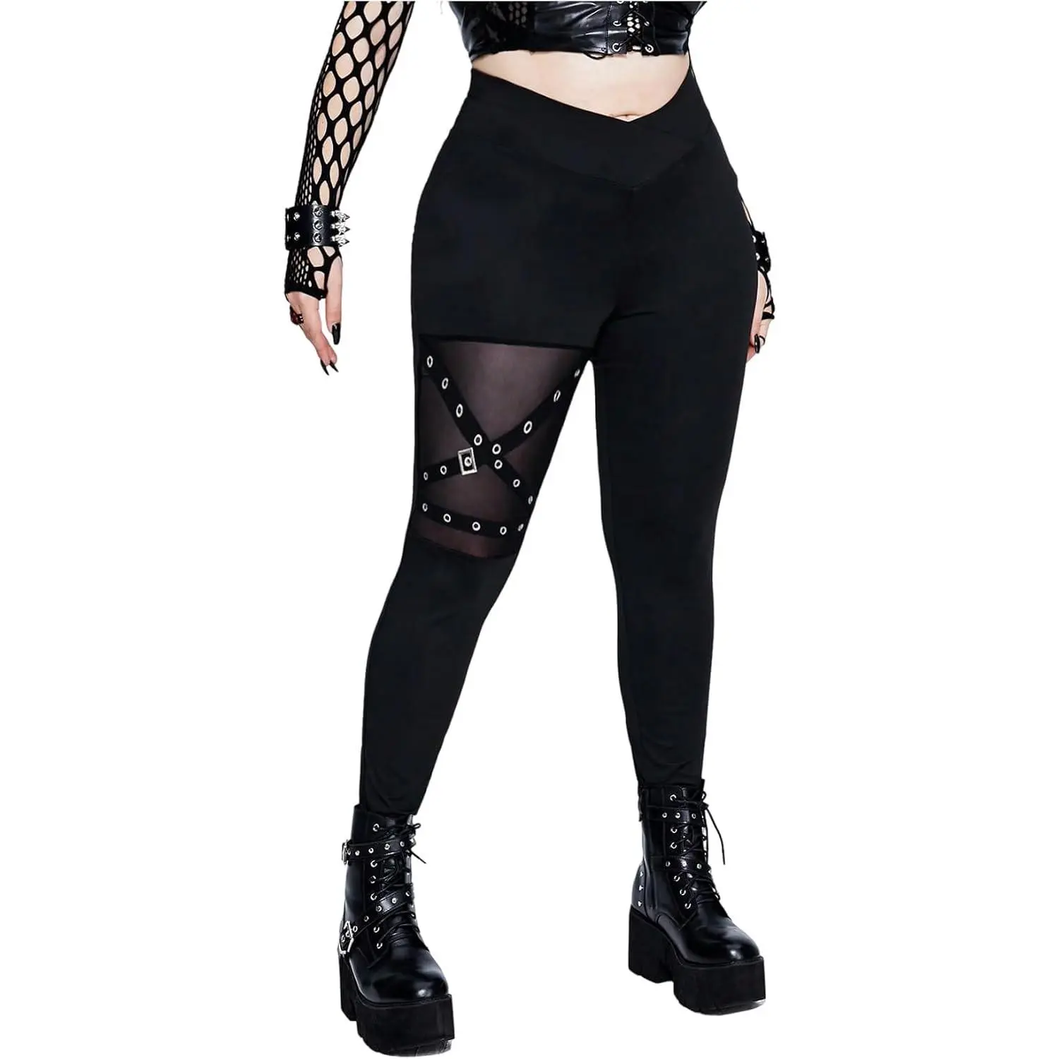 Women's Plus Size Goth Leggings Patchwork Punk High Waisted Pants, Gothic Alternative Emo Ripped Halloween Concert Outfits for Women