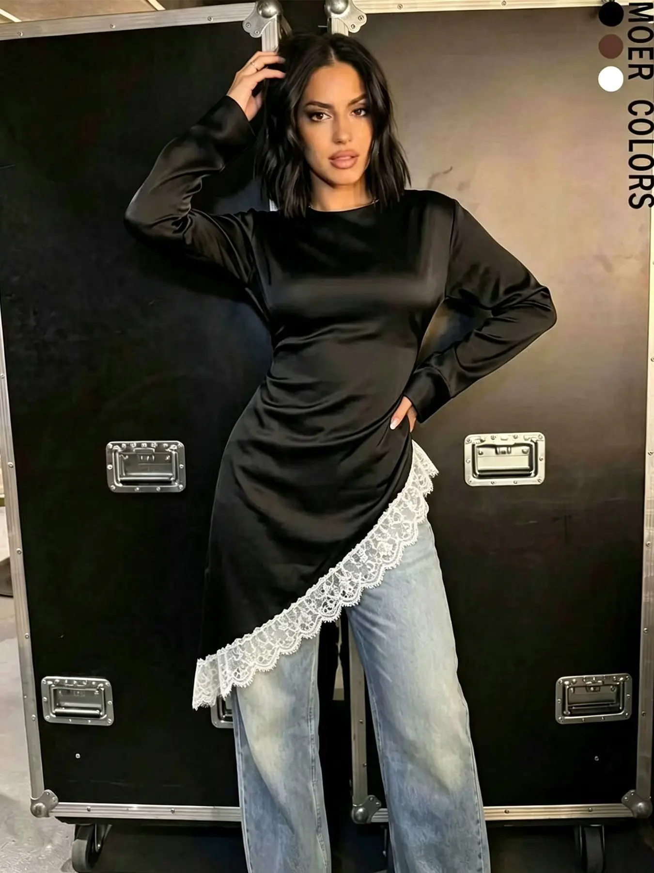 Women's Casual Lace Patchwork Top, Solid Color Long Sleeve Drawstring Asymmetric Hem Pullover, Fashionable Basic Elegant Commute Streetwear