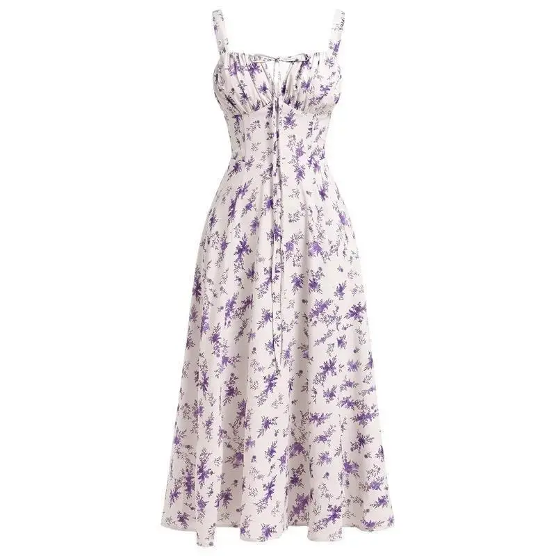 Women's Floral Corset Dress with Spaghetti Straps and Square Neck, Casual Waist Split Beach Dress, Milkmaid Dress, Comfort Womenswear