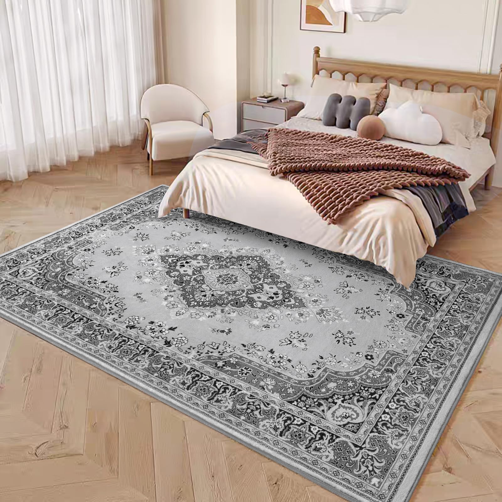 Washable Vintage Area Rug Non-Slip Low Pile Large Rug For Living Room, Bedroom, Farmhouse, Dining Room, Black, Grey, Blue, Green, Beige, 5x8, 7x10, 9x11 Feet