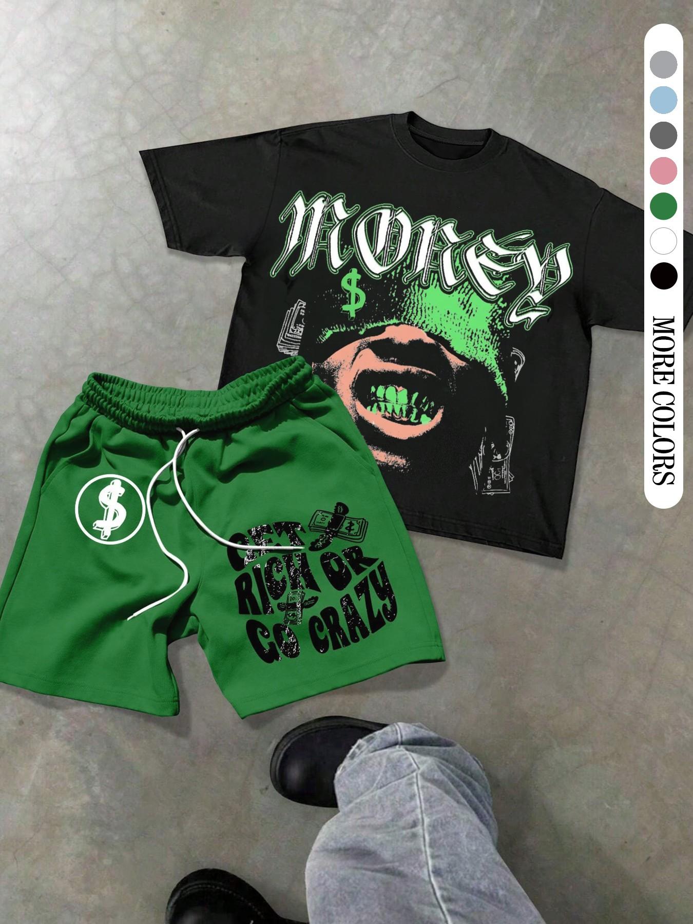 Two-Piece Set Men's Money Print Graphic Short Sleeve Crop Tee & Shorts, Loose Casual Fashion Round Neck T-shirt & Shorts for Daily Outdoor Wear, Men's Clothing for Summer, Menswear