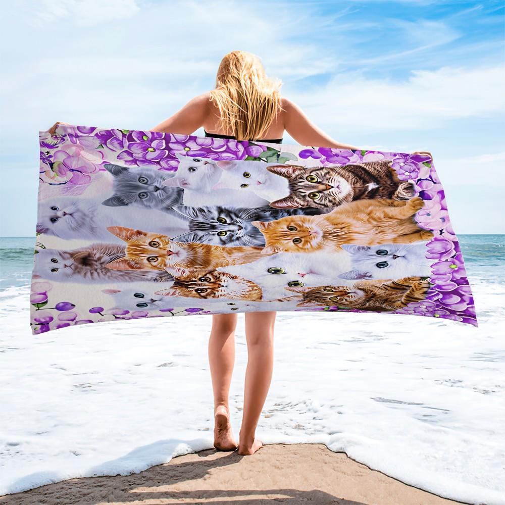Purple Flower Cats Print Oversized Beach Towel, Soft Microfiber Bath Towel, Sand Free Large Beach Blanket for Summer Vacation, Family Travel Camping Cat Lover Accessory