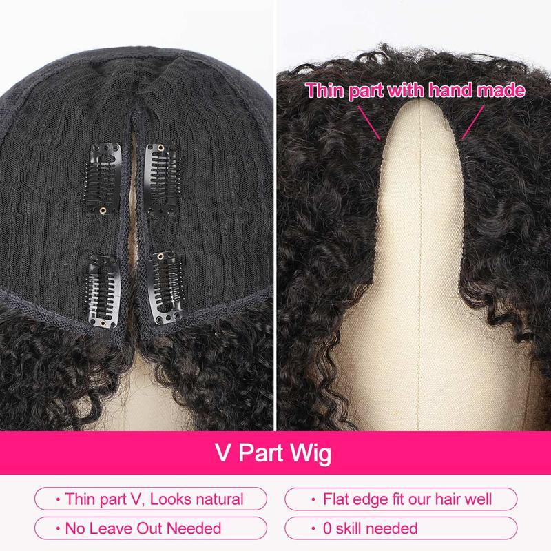 Afro Kinky Curly V Part No Leave Out Human Hair Wig 200% Density Brazilian Human Hair Wigs For Black Women Adjustable Clips Ready-to-Wear