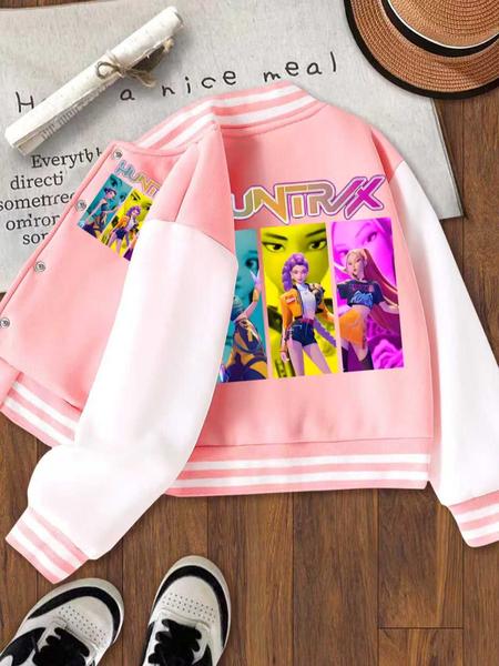 Girls' Halloween Christmas Short Baseball Jacket Coat, Casual Sports School Uniform, Elastic Fabric, Youth Fashion Outerwear, Fashion Fit Jacket