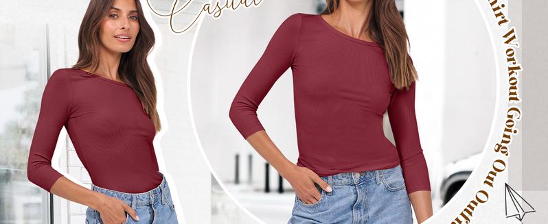 ANRABESS Women 3/4 Sleeve Crewneck Rib Knit Slim Fit Shirts Basic Tee Tops 2025 Summer Casual T-Shirt Workout Outfits Clothes