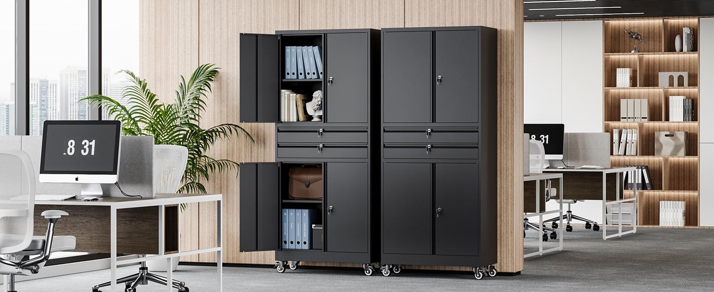 Yizosh Metal Garage Storage Cabinet with Locking Doors and Adjustable Shelves, 71" Tool Storage Cabinet with 2 Drawer for Garage,Warehouse