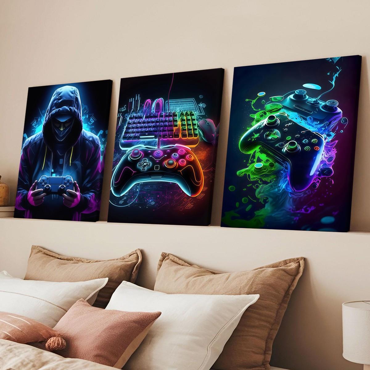 3-Pack Wood Frame Canvas Art, Neon Game Controller Wall Decor, Modern Home Decoration, Waterproof Odorless, Living Room Bedroom Office