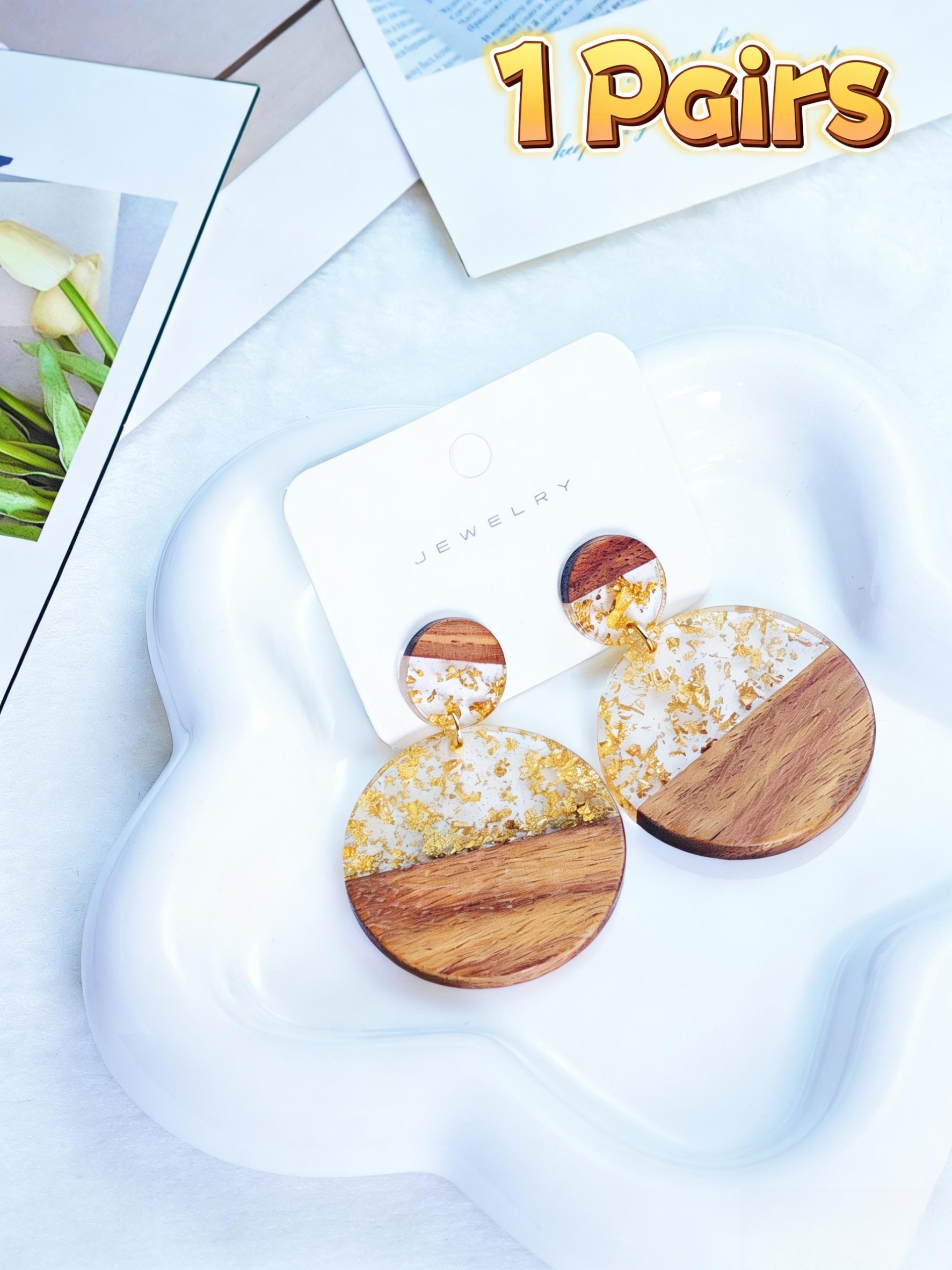 Boho Style Wooden Resin Gold Foil Earrings, Shiny Bling Effect, Natural Wood Ear Studs, Women's Fashion Jewelry, Perfect Gift for All Seasons