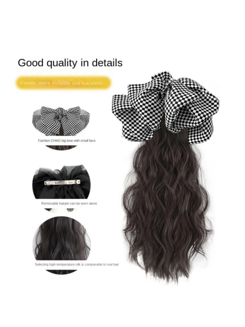 Long Wavy Claw Clip On Black White Bow Hair Extensions Pony Tail Hairpiece Lady Wigs for Women Wig Ponytail Bow Hair Accessories Girls Grab Clip Water Ripple Ponytail Braid High Value Wig Human Hair(Dark Brown,Black Bow)