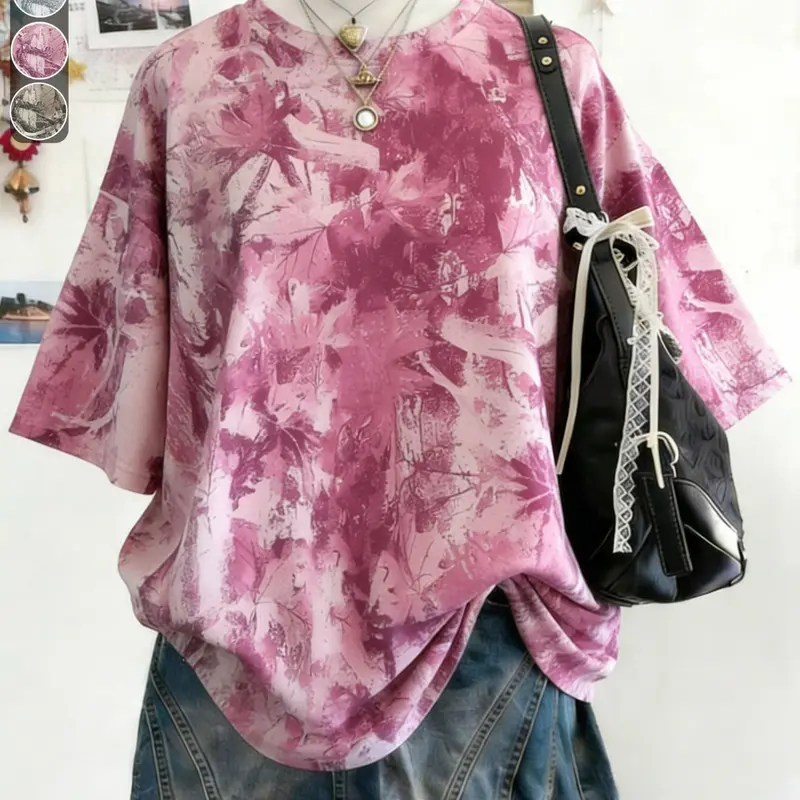 Women's Vintage All-Over Print Loose-Fit Round Neck T-Shirt, Y2K Style, Casual Fashion Summer Top, Casual T Shirts