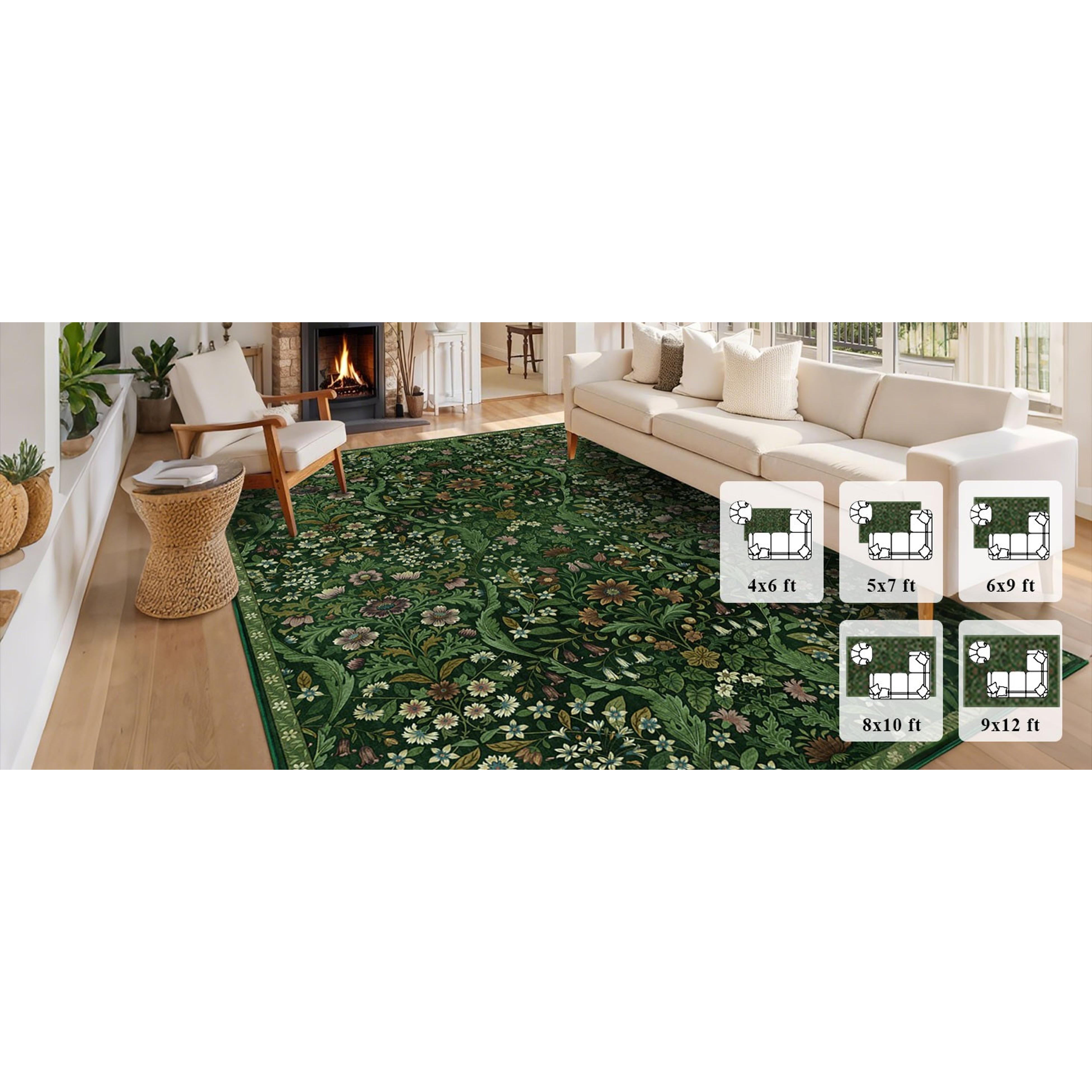 5×7 Dark Green Washable Floralbotanics Area Rug - Vintage Boho Soft Low-Pile Stainresist Non-Slip Carpet for Living Room, Bedroom, Home Decor, Rectangle