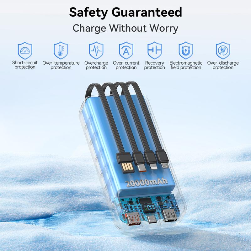 20000mAh large-capacity portable charger, with 4 cables and 6 outputs, PD20W fast charging digital display battery pack, suitable for power banks during travel and outdoor activities