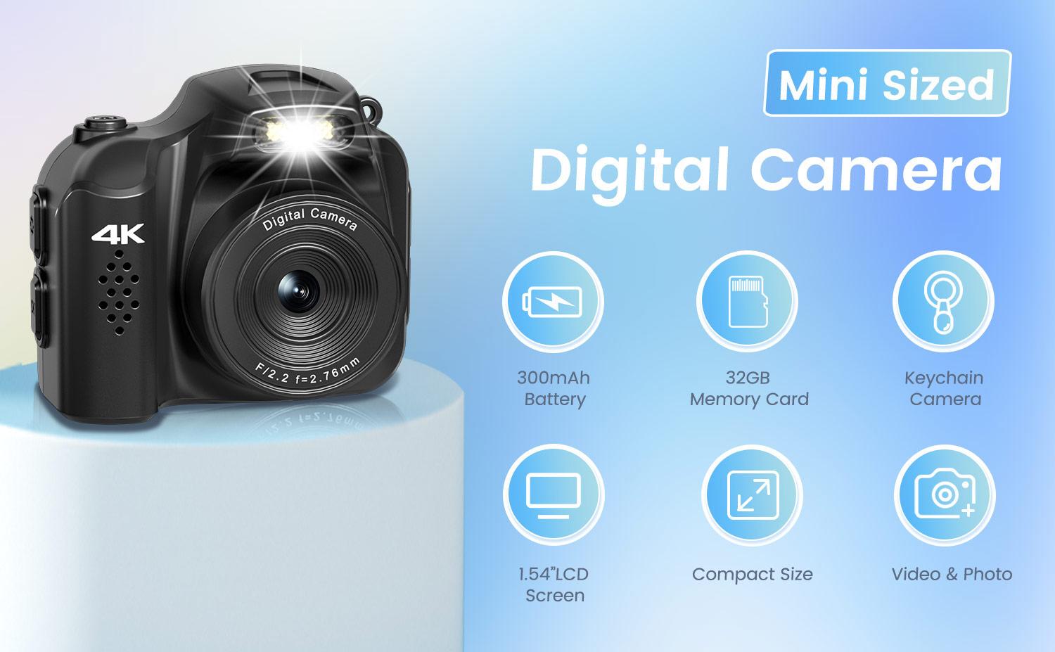 Mini Keychain Camera 4K 64MP Small Digital Camera,Pocket Retro Nostalgia Video Camera with LED Light and 32G Micro SD Card, Suitable for Teenagers, Children, and Photography Beginners