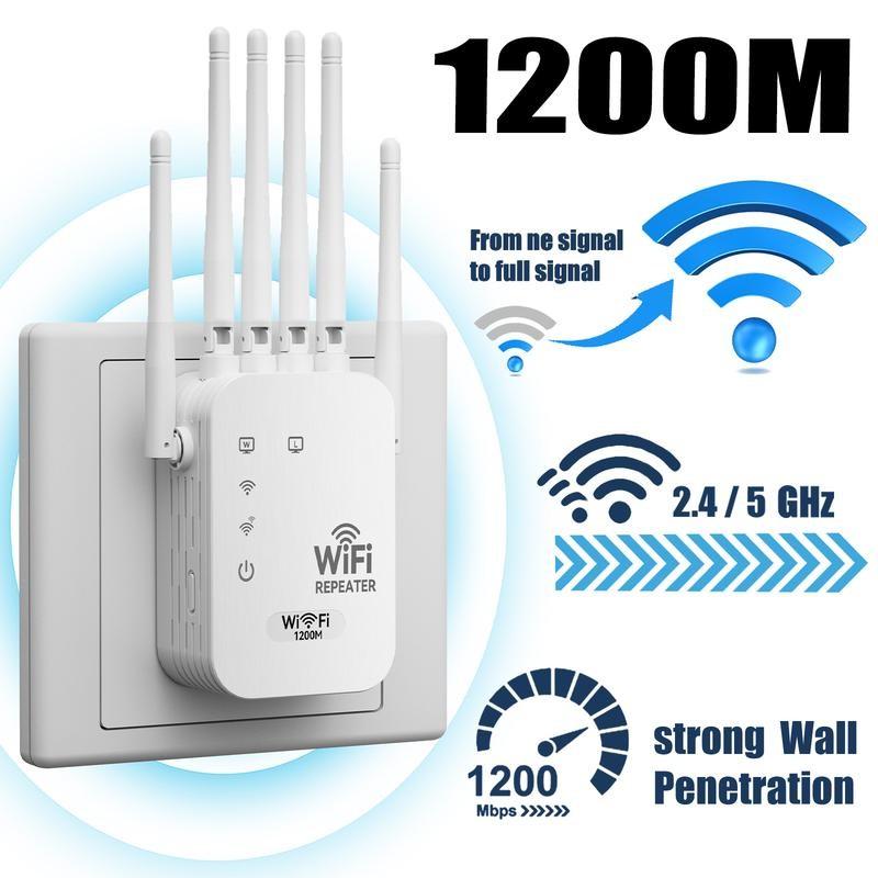 WiFi Extender 6 Antennas, 1200mbps Dual Band, Covers 12,000 Sq Ft, 100 Devices, Gigabit Port, Ai Connection, Ideal for Home Office, Remote Work, VR Area