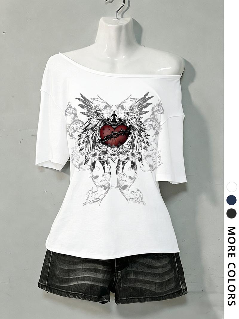 Women's Asymmetrical Neck Digital Print Summer Casual T-Shirt, Vintage Campus Style, Fashion Trend Letter Design