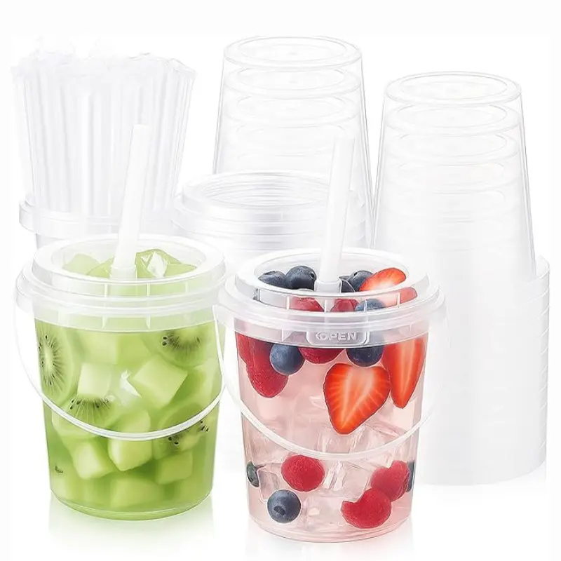 5/10 Set 34oz Plastic Rum Bucket, Party Bucket with Lid, Straw, Handle, Reusable, Ideal for Summer Beach Bar Beer, Juice, Smoothie Cups
