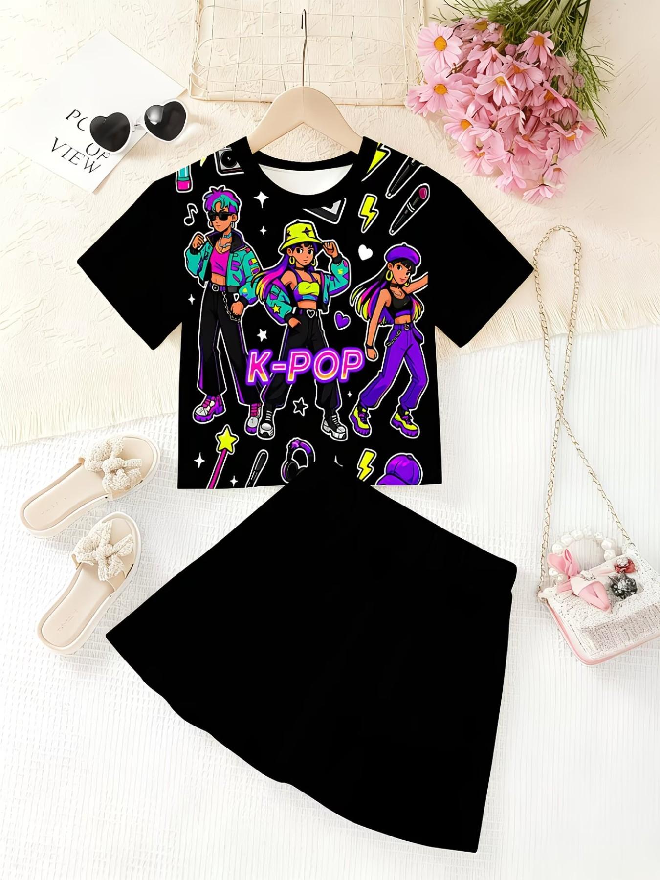 Girls' 3D Cartoon Print Top and Skirt Set, Casual Slim-Fitting Summer, Round Neck Short Sleeve, Daily Wear