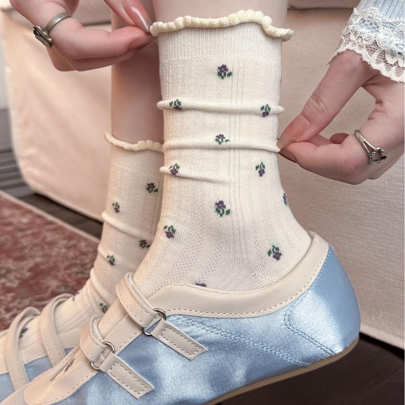 4 Pairs New Spring & Summer Minimalist Floral Crew Socks, Japanese Mesh Slouch Socks, Korean Sweet Ballet Style Ruffle Bow Socks For Women