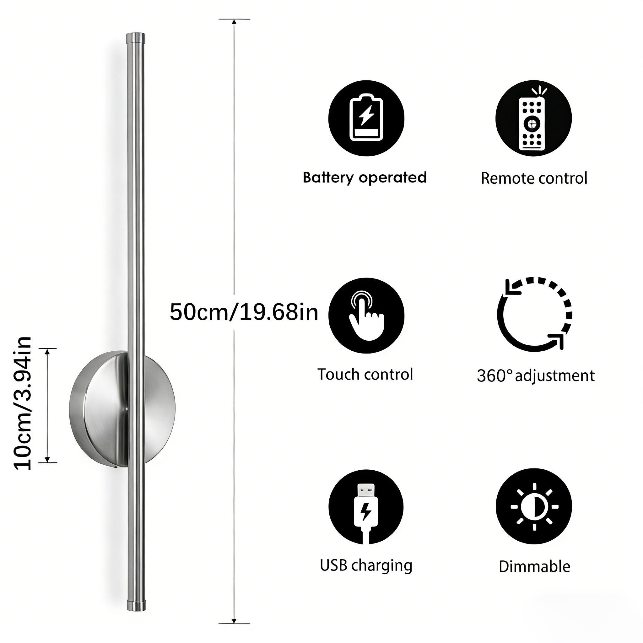 Silver Wall Lamp with USB Charging, Powered By 4000mAh Battery, Magnetic Mount For Wiring-Free Installation, Remote-Controlled Dimmable Indoor Decorative Wall Lamp, For Bedroom，Bedside, Hallways, and TV Walls