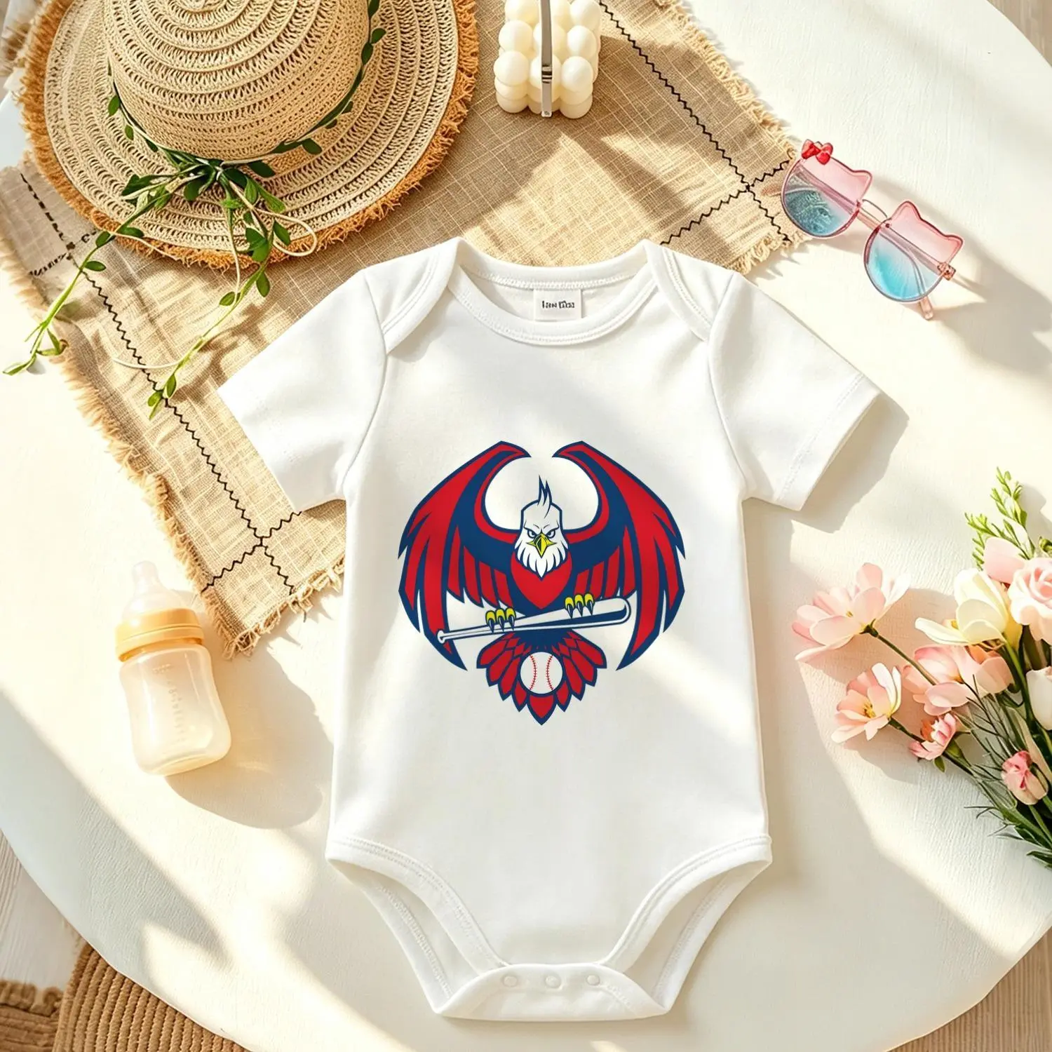 Baby Cotton Snap Onesies for 0-24 Months Boys - Minimalist Cute Baseball Eagle Print, Short Sleeve, Lightweight Fit, Moisture-Wick, Snappy Crotch, Breathable Summer Sports Fan Essential, Baby Shower Gift