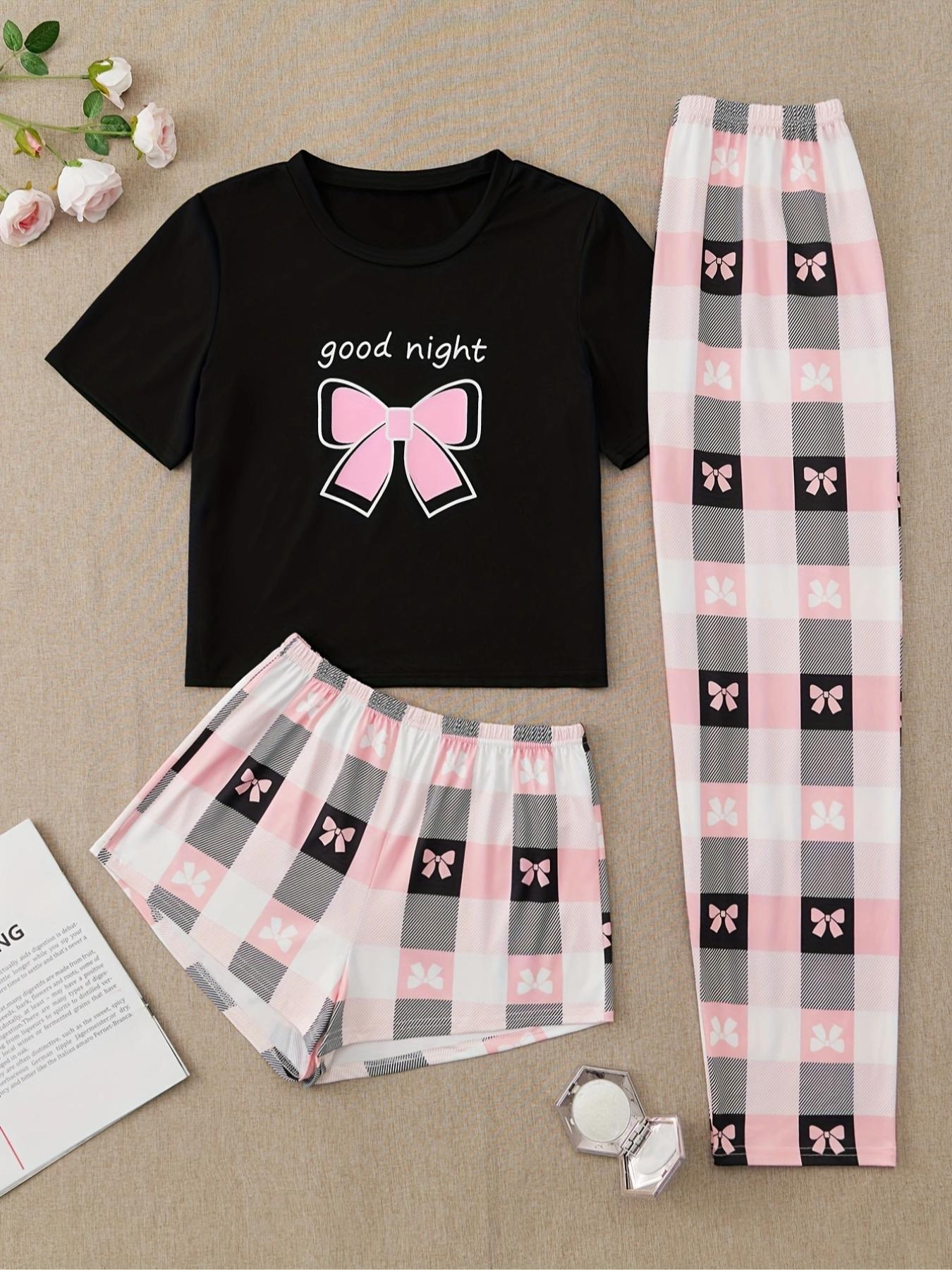 Three-Piece Set Women's Bowknot & Plaid Print Pyjama Set, Short Sleeve Round Neck Tee & Elastic Waist Shorts & Pants Lounge Set, Women's Sleepwear for Summer Valentine's Day Pajamas