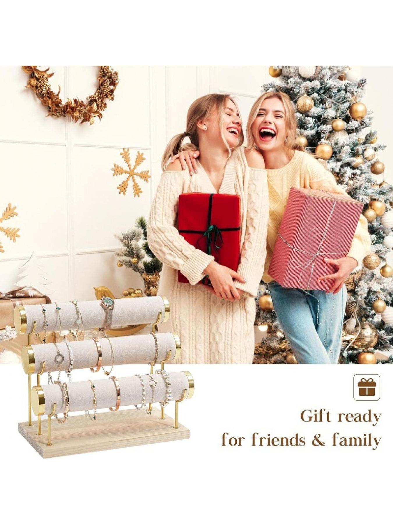 1 Pack 3-Layer Velvet Bangle Bracelet Stand with Detachable Rod Travel Home Jewelry Hanging Organizer for Bangles and Watches Beige Pink