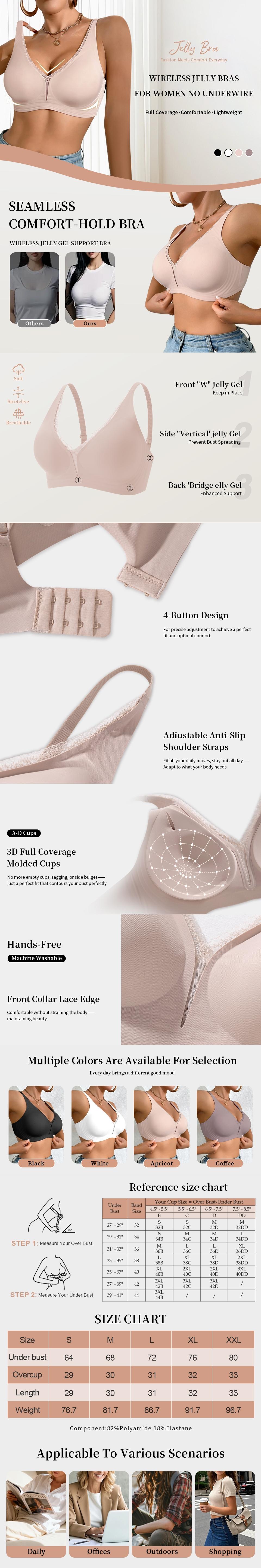 Women's Seamless V-Neck Lace Trim Wire-Free Bra (Sizes S-XXL) – Adjustable Straps with Multi-Row Back Closure, Lift Support Underwear – Black/White/Apricot/Brown – Suitable for Daily Wear, Commute & Home