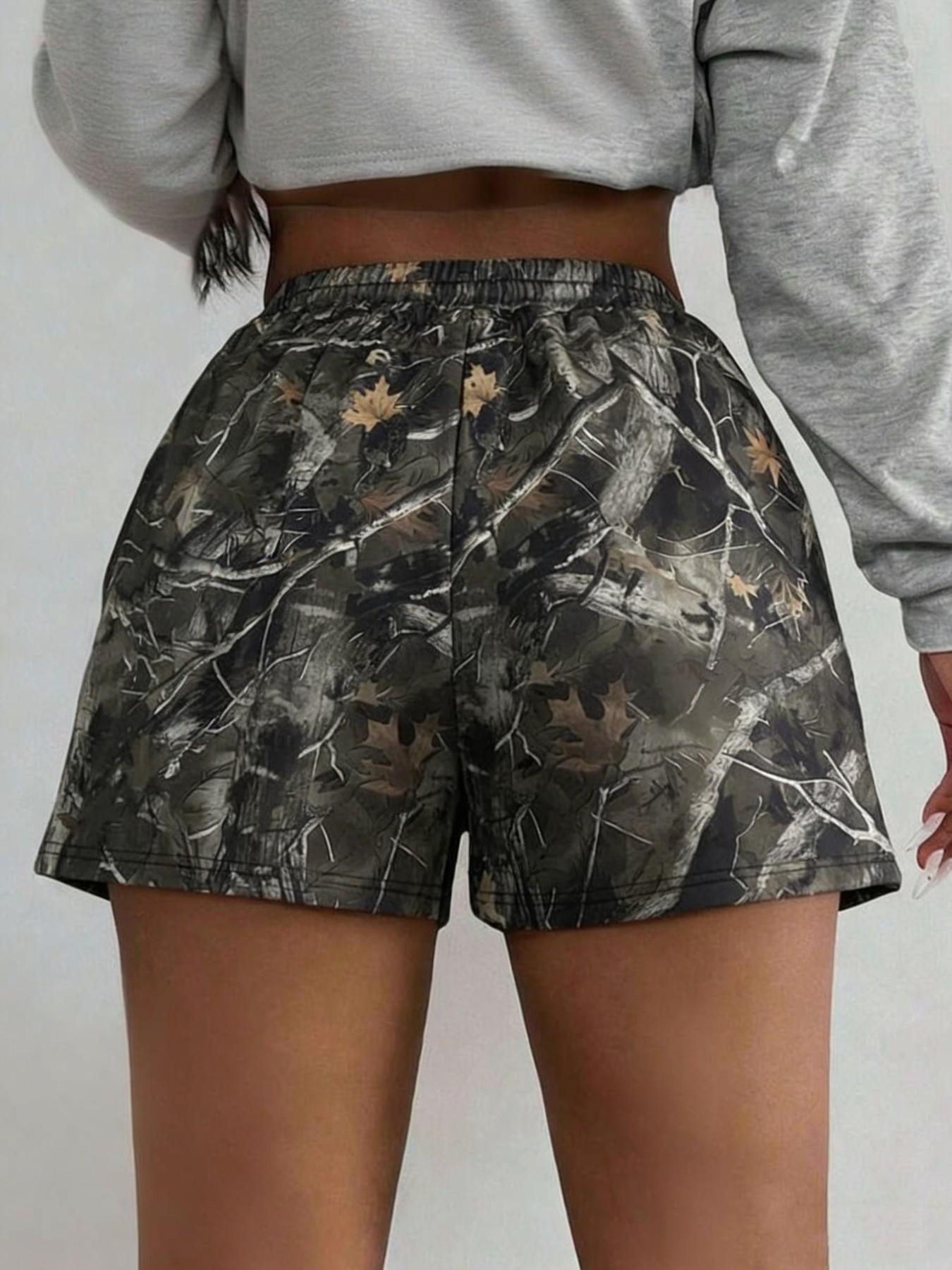Women's Casual Loose Fit Shorts, Elastic Waist Camo Print, Summer All-Season Versatile Pants, Sporty Style, Plain Design, Womenswear