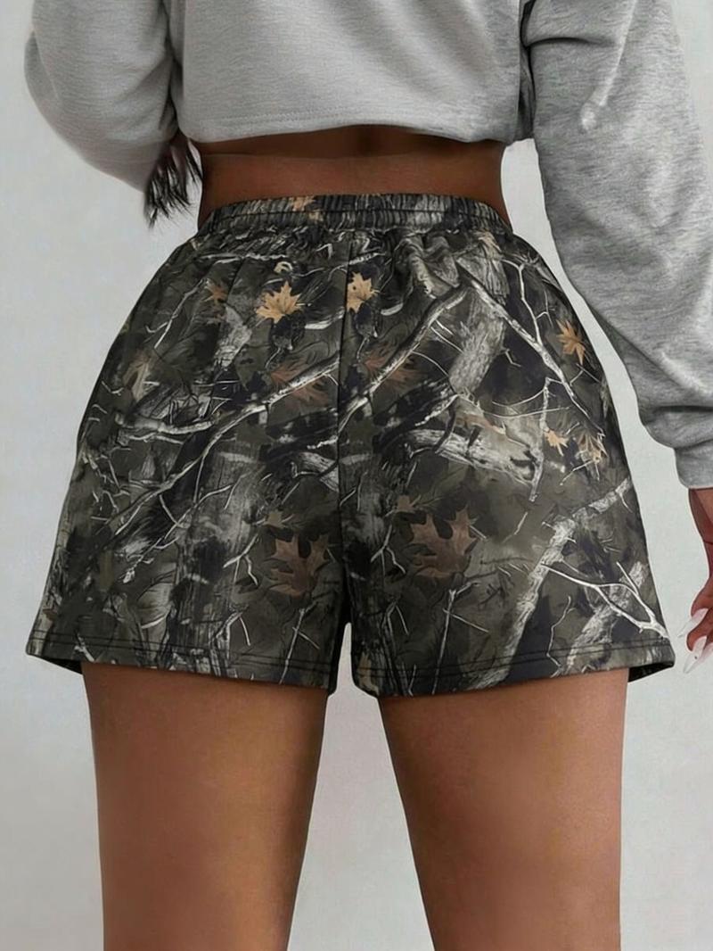 Women's Casual Loose Fit Shorts, Elastic Waist Camo Print, Summer All-Season Versatile Pants, Sporty Style, Plain Design