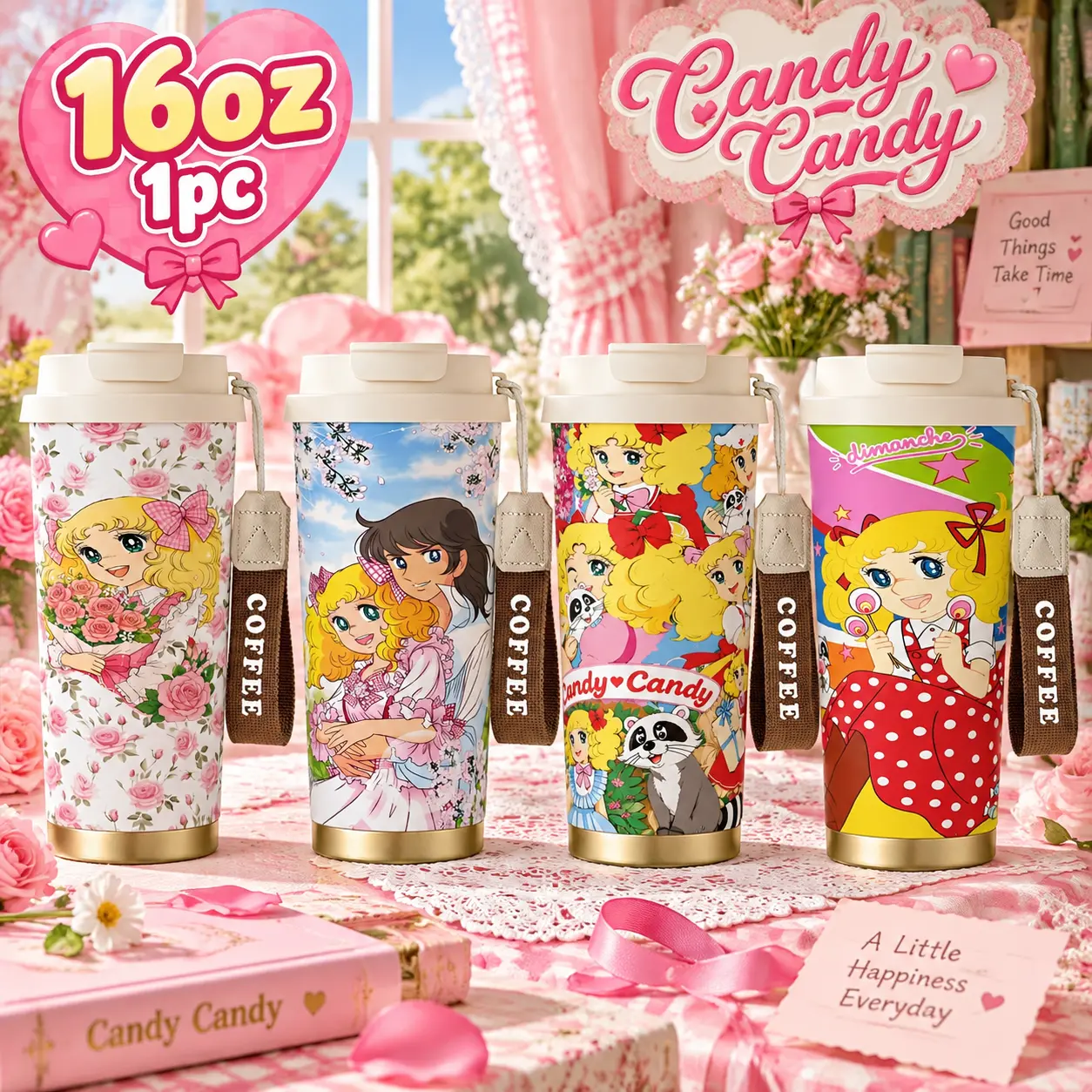 Candy Candy 16oz Tumbler Cup with Lid, Cute Floral Anime Design Insulated Coffee Cup Stainless Steel Travel Mug Double Wall Vacuum Thermos Reusable Drink Cup Aesthetic Gift for Girlfriend Sister Women Candy Candy Fans Office Car Home