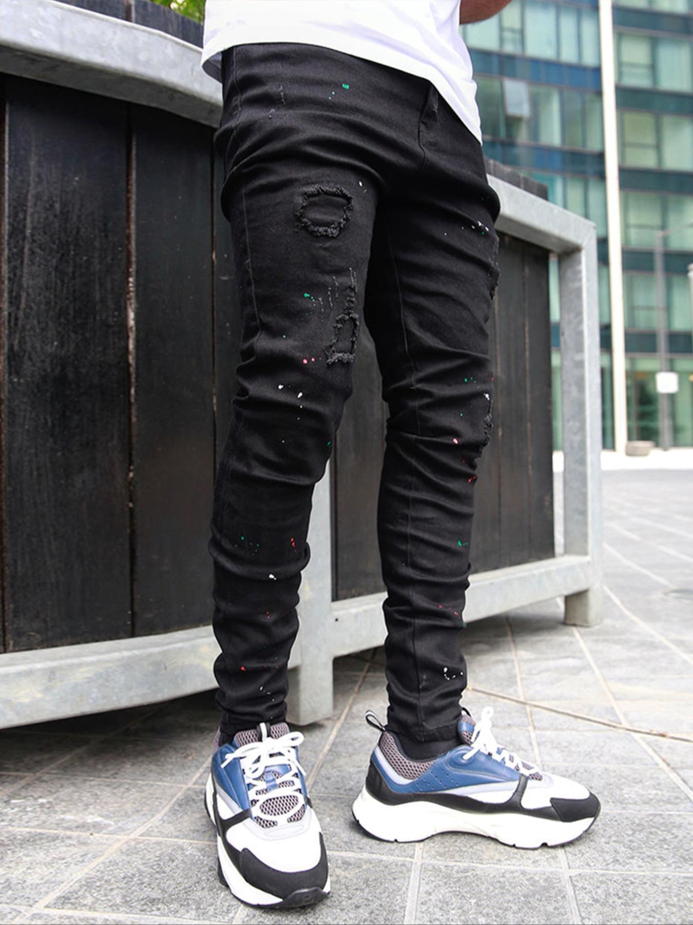 Men's Slim Fit Jeans, Ripped Distressed Colorful Splatter Design, Trendy Tight Street Style, All-Season Fitted Fashion Pants