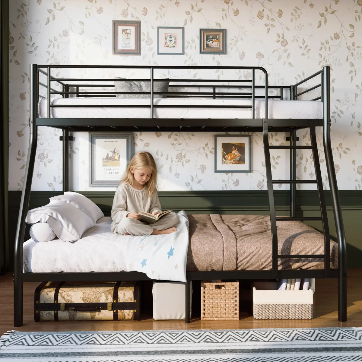 Metal Twin Over Full Size Bunk Bed For Adults,Twin Over Full Bunk Beds, 650+750Ibs Capacity,Bunkbeds With Length Guardrail And Ladder, No Box Spring Needed,Space Saving,Black