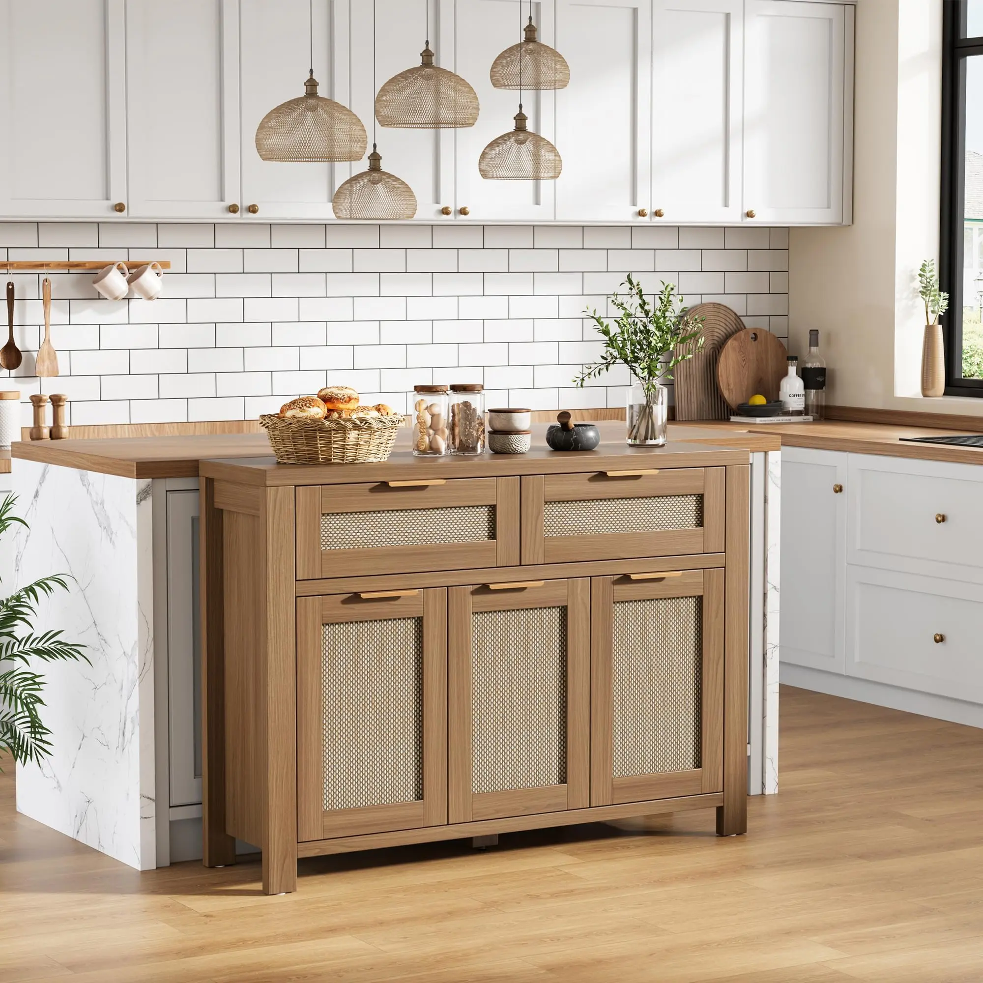 Dark Oak Large Rattan Buffet Sideboard Cabinet - 3 Doors, 2 Drawers, Adjustable Shelf - Boho Rustic Engineered Wood Storage - Easy Assembly for Kitchen, Dining Room