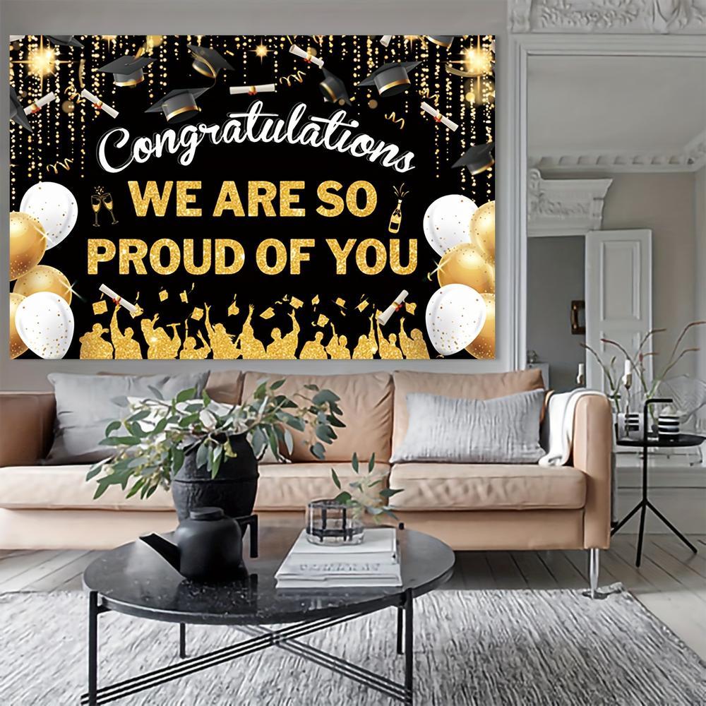 Graduation Party Backdrop Vinyl Banner - 5x3ft Black Bachelor Cap & Golden Balloon Design with "Congrats We Are So Proud of You" for Grad Photos, Prom Decor and Celebratory Events