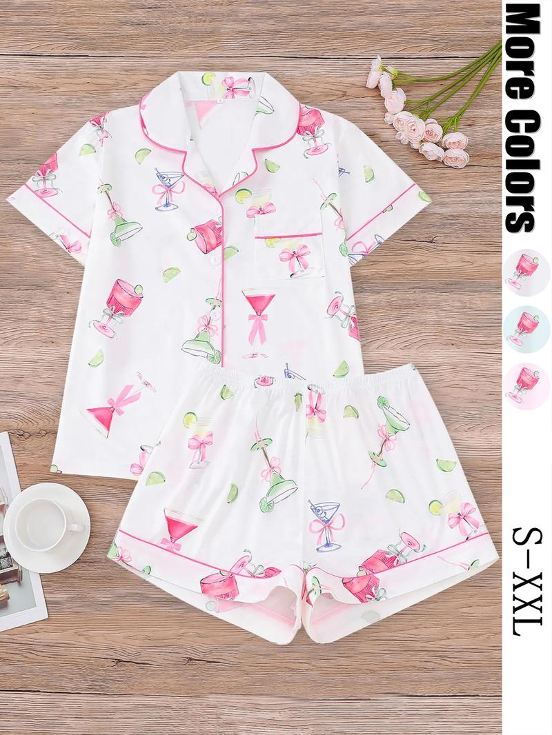 Women's All Over Cocktail Print Button Front Shirt & Elastic Waist Shorts Pyjama, Casual Comfy Short Sleeve Top & Shorts PJ Set, Ladies Sleepwear for All Seasons, Loungewear, Sleepwear Pajamas Set