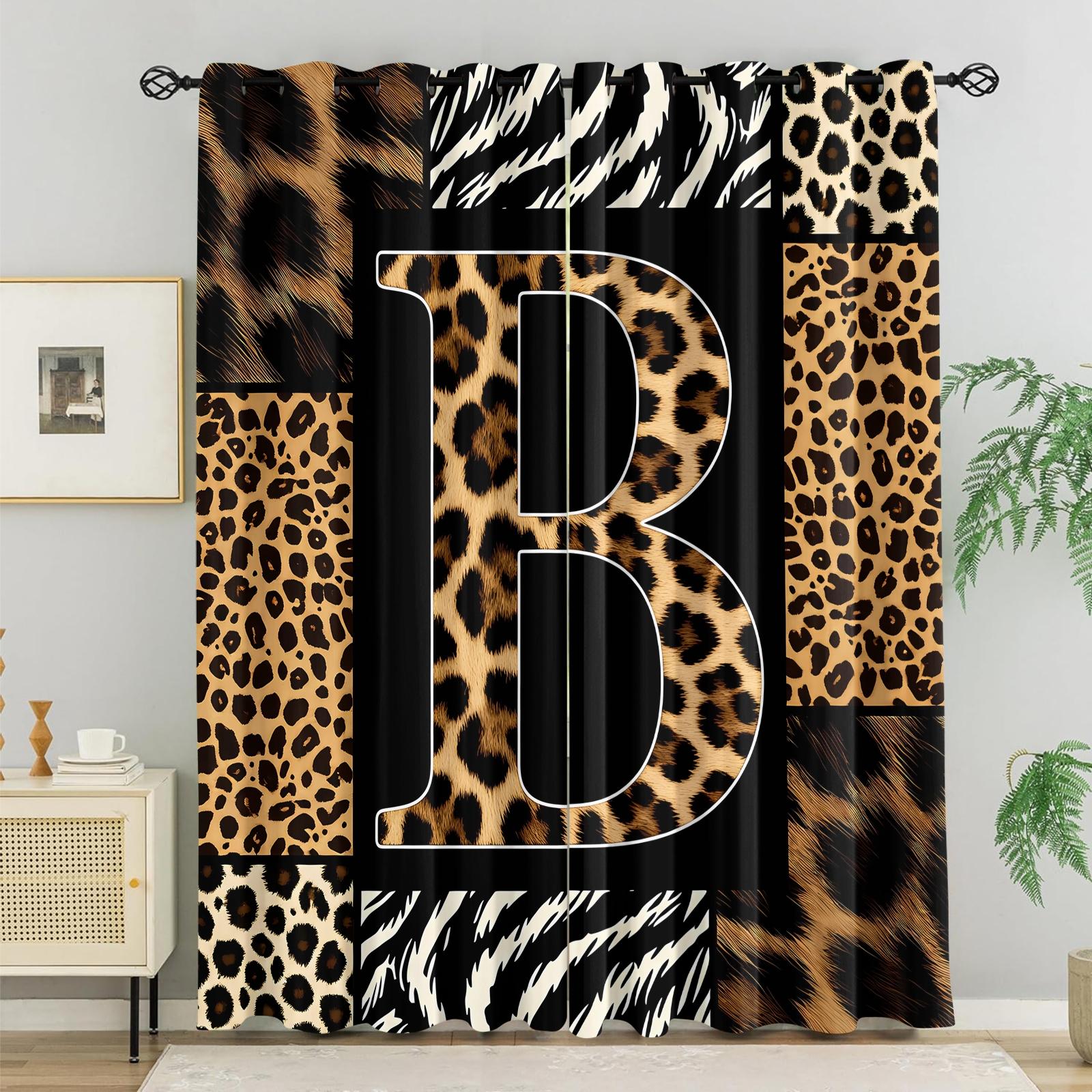 2 Panels 26 Letters Leopard Print Curtains, 80%-90% Light Blocking Curtains, Alphabet Printed Curtains, Stylish Decor Curtains for Bedroom Living Room, Wild Style Window Drapes, Ideal Gift