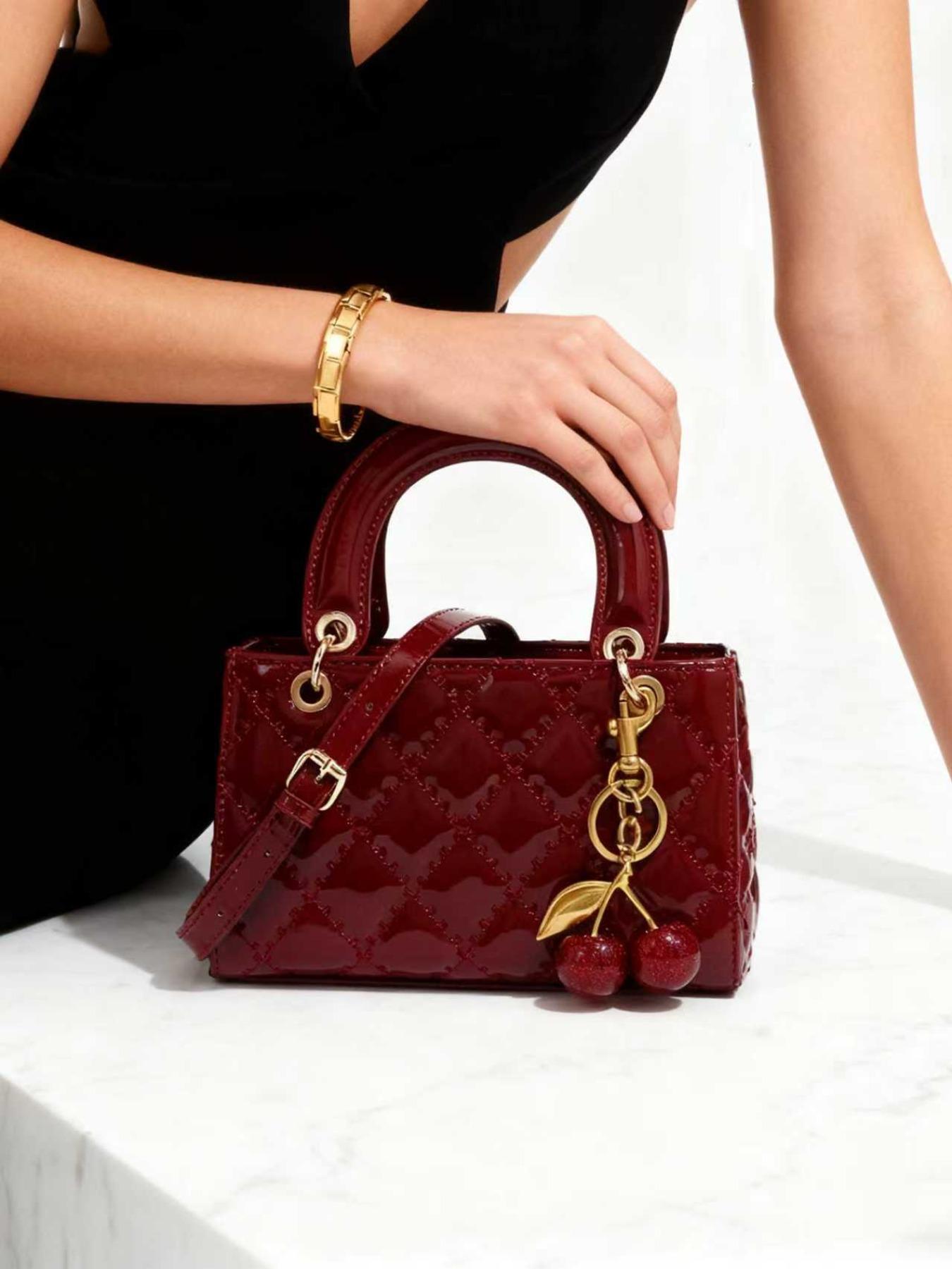 Fashion Cherry Pendant PU Handbag, Women's Small Square Bag, New Quilted Shoulder Bag, Versatile Crossbody Bag, Elegant Handbag