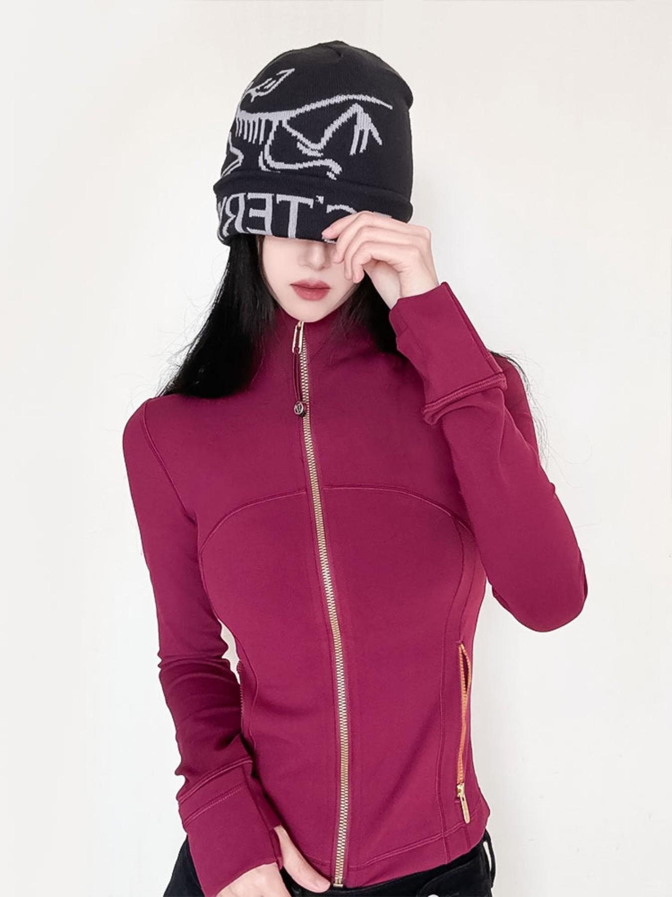 Women's running, sports, yoga wear, zip front jacket, gold zipper, stand collar, top, outerwear