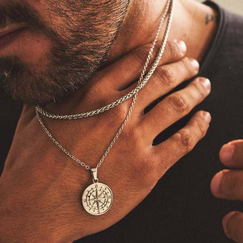 Silver Color Mens Compass Necklaces,Vintage Viking North Star Anchor Medal,Stainless Steel Pendant for Male Boyfriend Dad Gift
