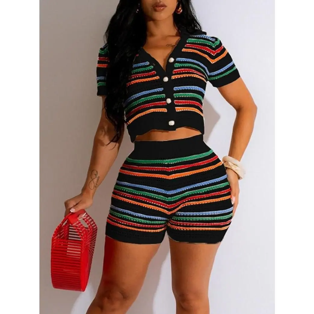 Women 2 Piece Sets Summer Outfits Crochet Button Down Shirts Hollow Out See Through Color Block Tracksuit Shorts Sets Women's Colorblock Striped Print Button Front Fitted Crop Cardigan & High Waist Shorts Sweater Co-ord Set