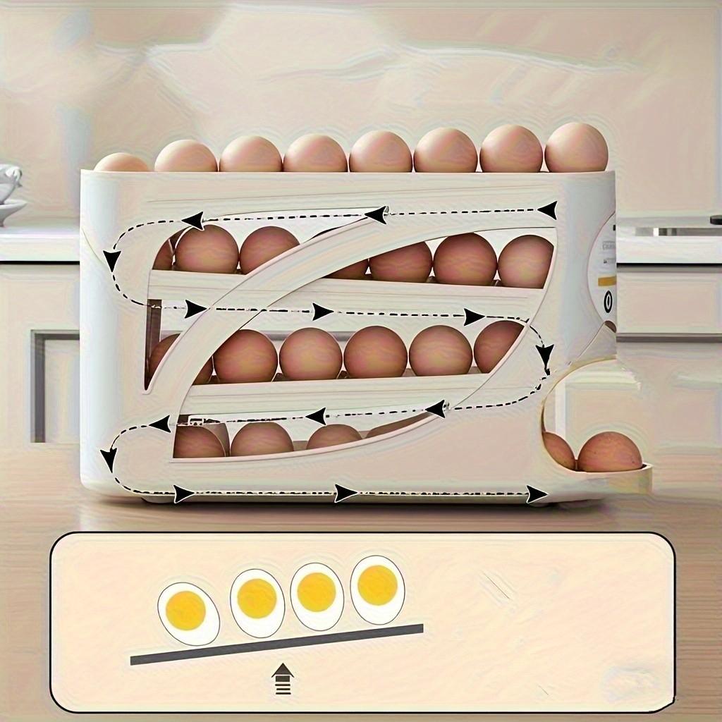 4 Layer Rolling Egg Rack, Space Saving Side Door Design, Holds 30 Eggs, Smooth Finish, Convenient Handle, Kitchen and Fridge Storage