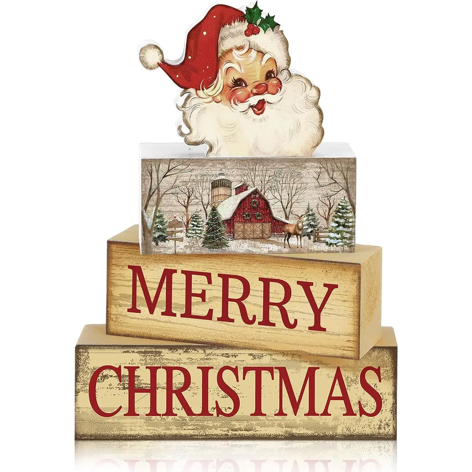 4 Pcs Vintage Christmas Table Decoration Wooden Santa Claus Decor Merry Christmas Tiered Tray Decor Decorative Santa Claus Block Sign Gift Farmhouse Xmas Table Centerpiece for Home Kitchen